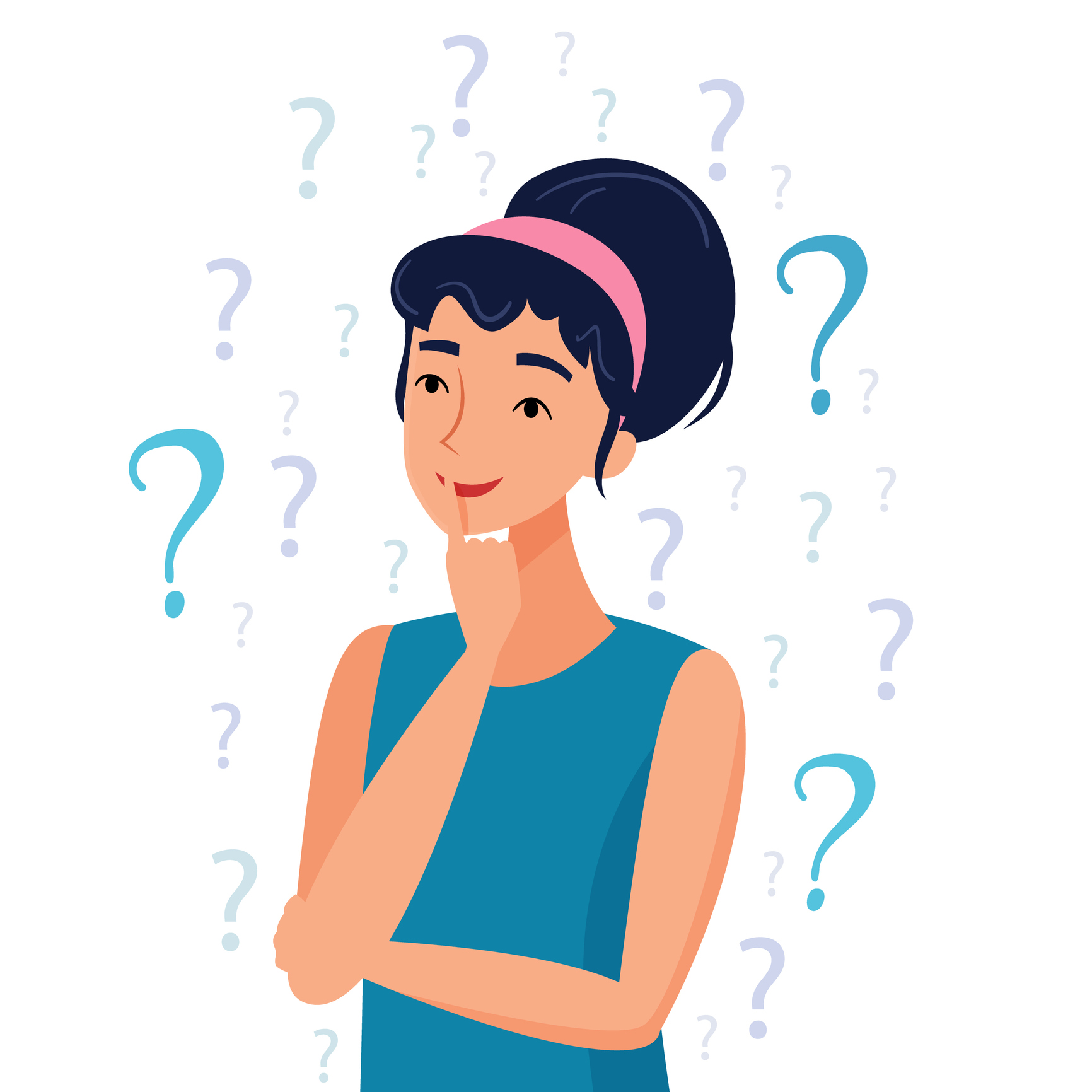 Thinking woman with question marks. Flat cartoon style vector illustration.